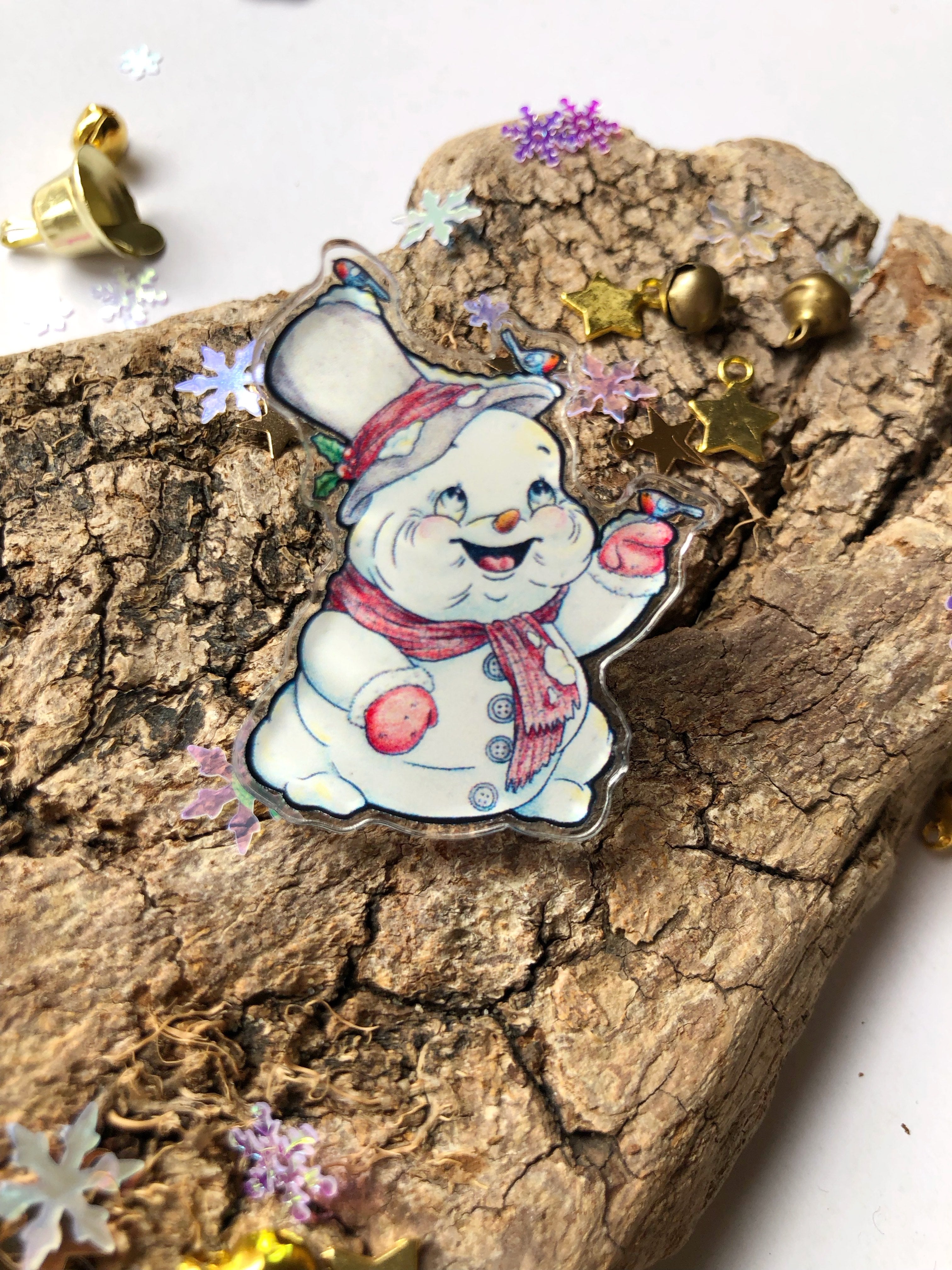 Pin y llavero de acrílico "muñeco de nieve"