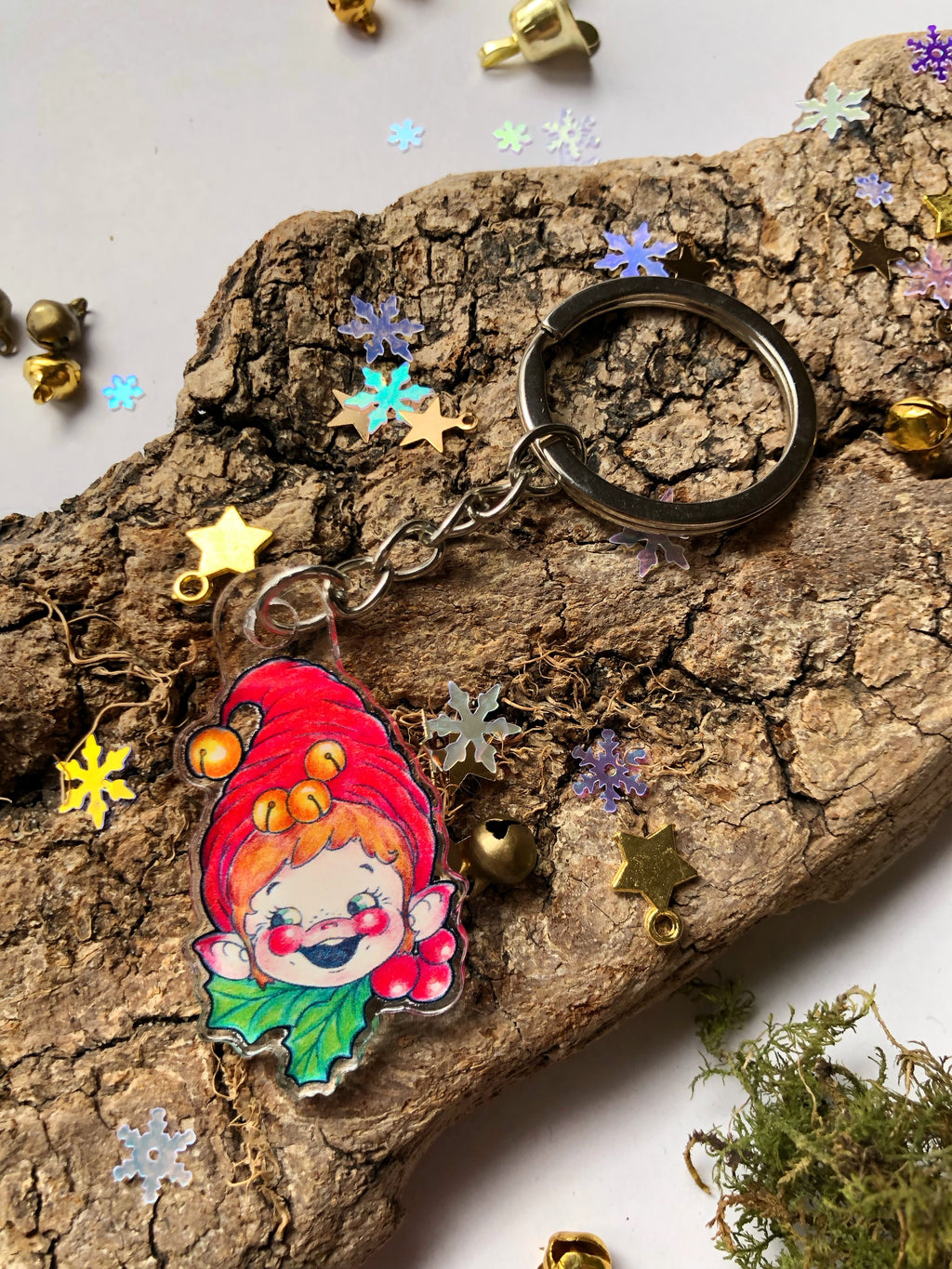 Pin y llavero de acrílico "duende con cascabeles"